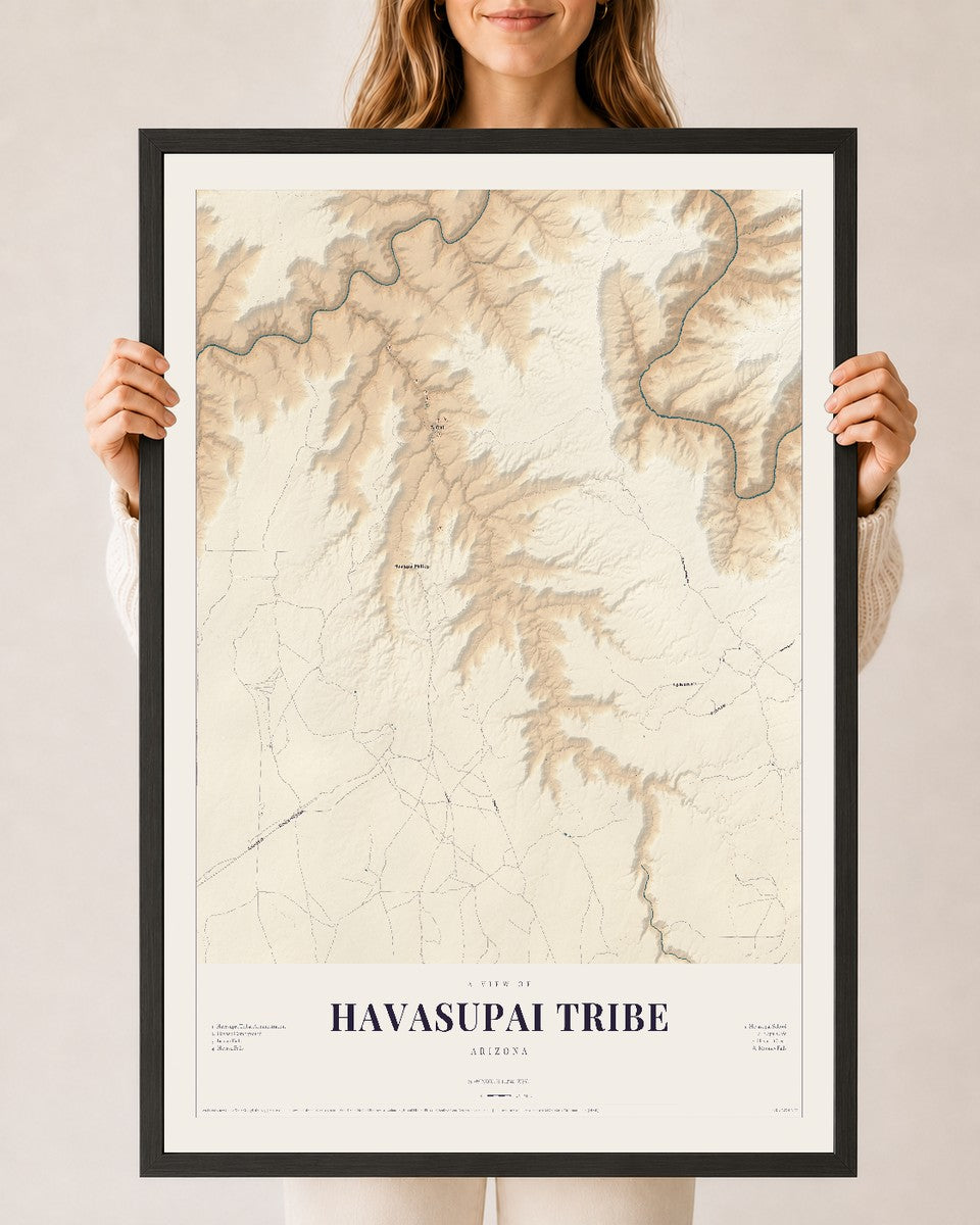 Havasupai Tribe, Arizona map print, 24" x 36", W/ Black Ayous Wood Frame