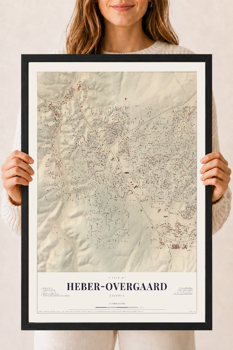 Map of Heber-Overgaard, Arizona, 18 x 24 inch print in a black wood frame