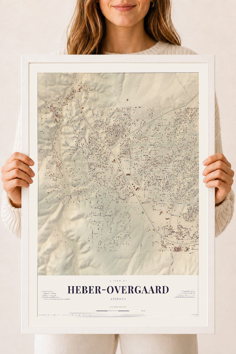 Map of Heber-Overgaard, Arizona, 18 x 24 inch print in a white wood frame