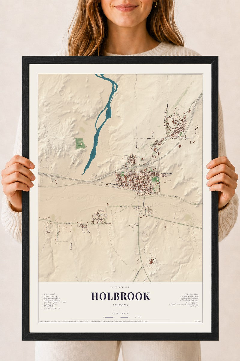 Holbrook, Arizona map print, 18" x 24", W/ Black Ayous Wood Frame