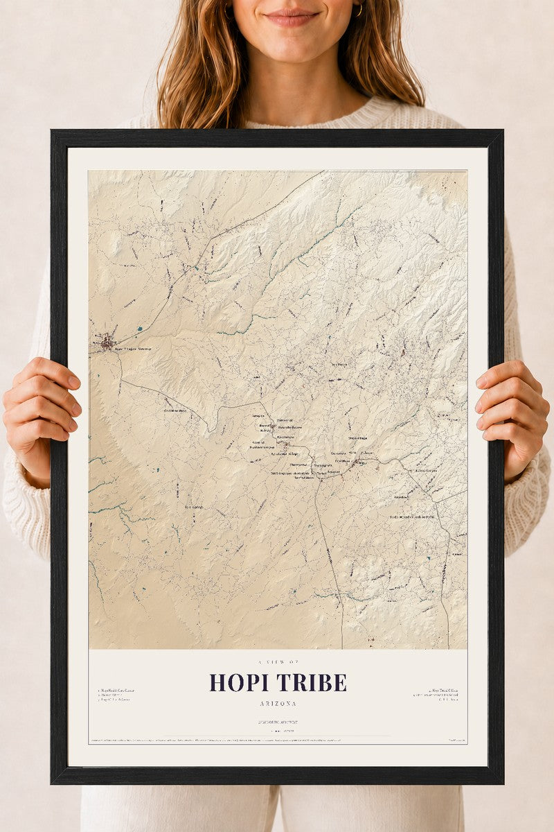 Hopi Tribe, Arizona map print, 18" x 24", W/ Black Ayous Wood Frame