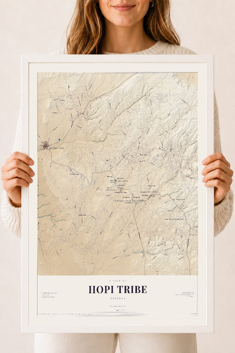 Hopi Tribe, Arizona map print, 18" x 24", W/ White Ayous Wood Frame