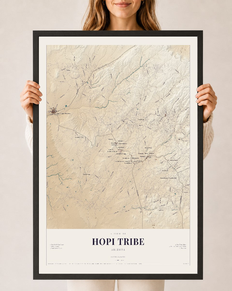 Hopi Tribe, Arizona map print, 24" x 36", W/ Black Ayous Wood Frame