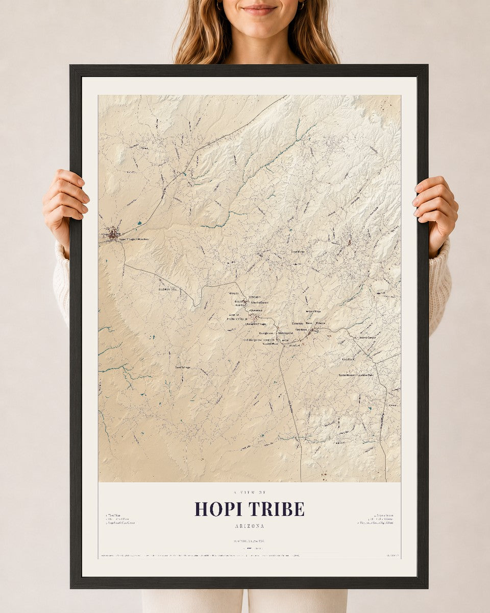 Map of Hopi Tribe, Arizona, 24 x 36 inch print in a black wood frame
