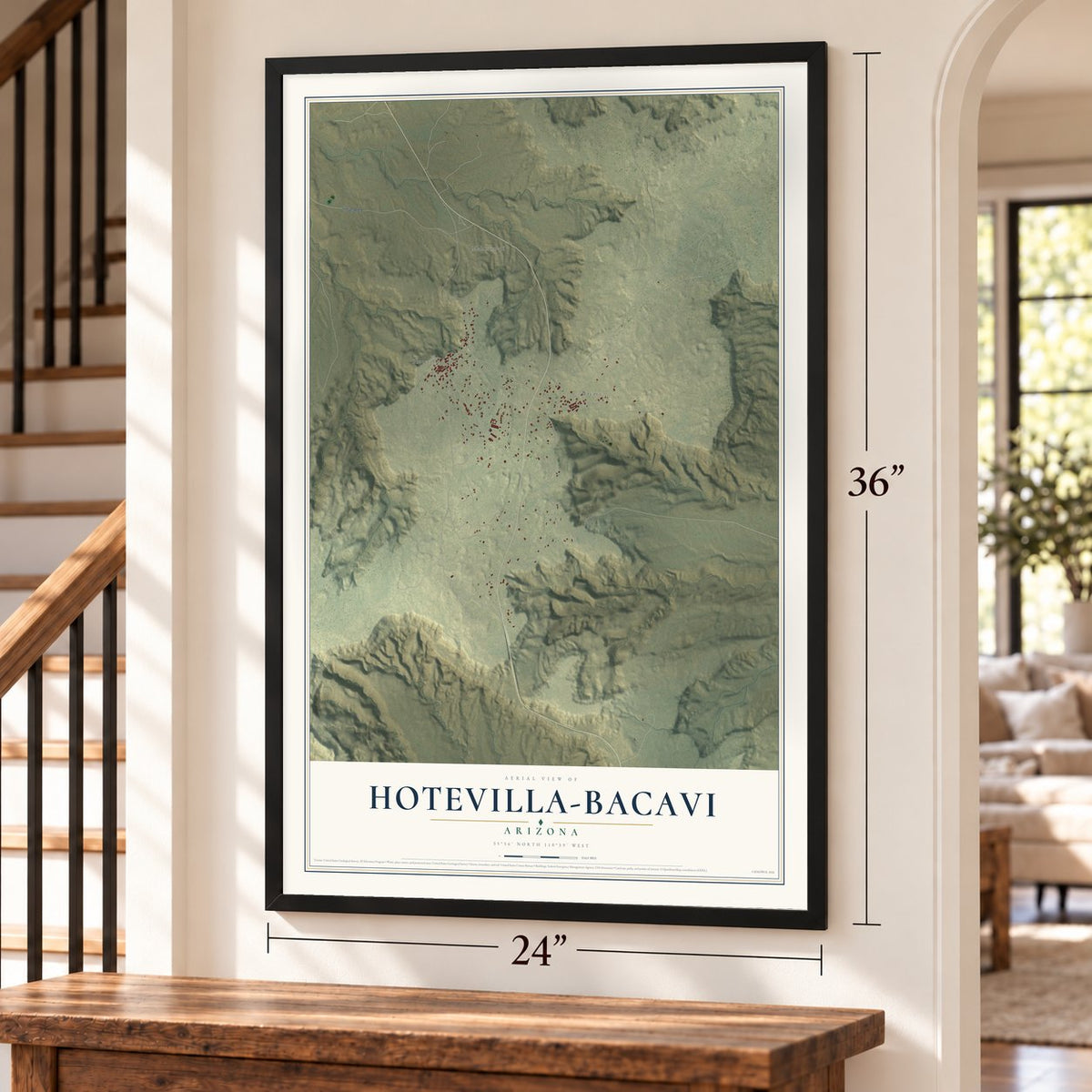Hotevilla-Bacavi, Arizona map, 24 x 36 inch print in a black frame by a staircase