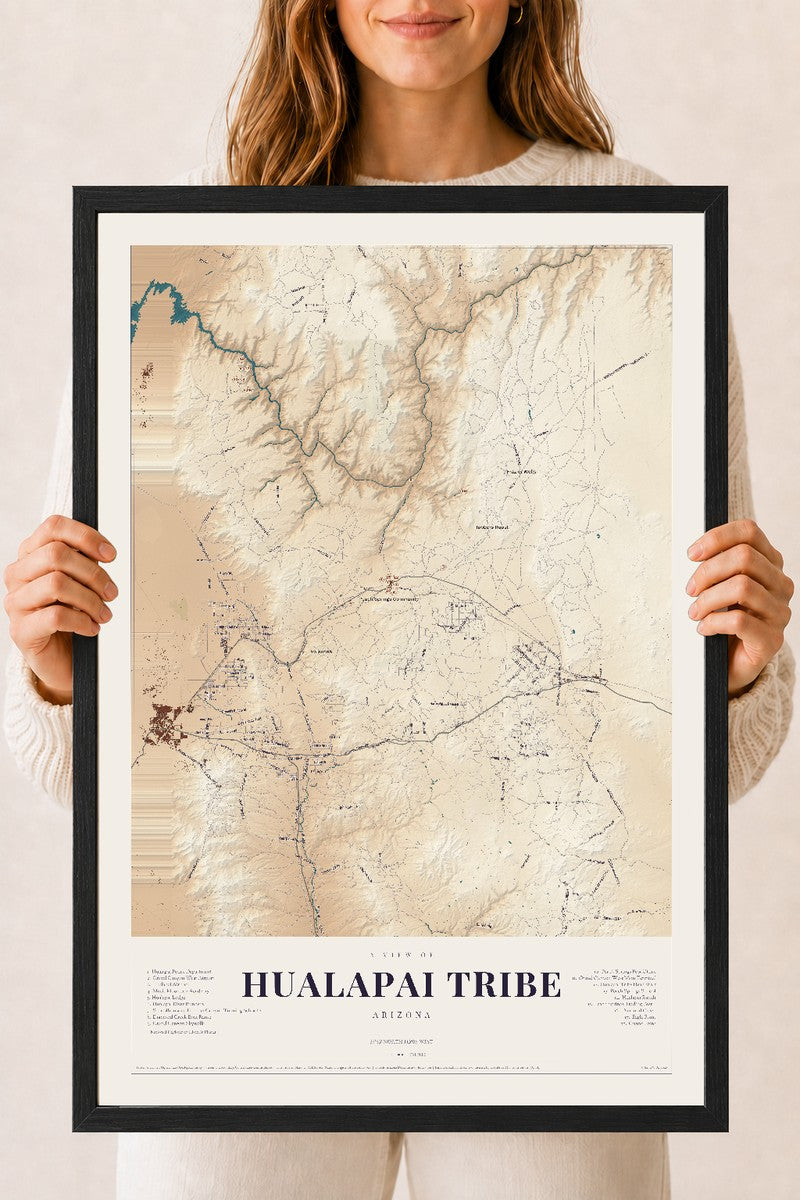 Hualapai Tribe, Arizona map print, 18" x 24", W/ Black Ayous Wood Frame