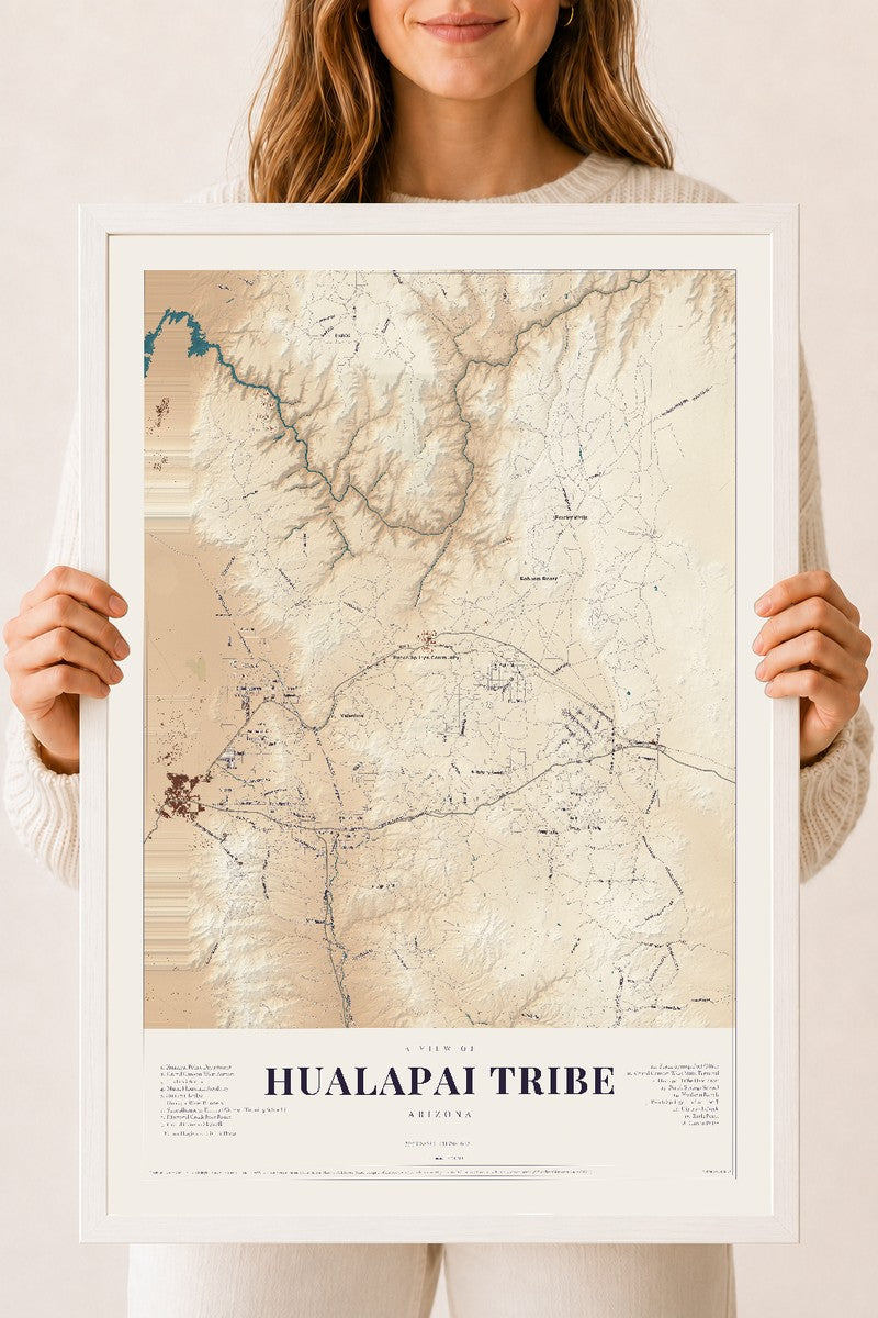 Hualapai Tribe, Arizona map print, 18" x 24", W/ White Ayous Wood Frame