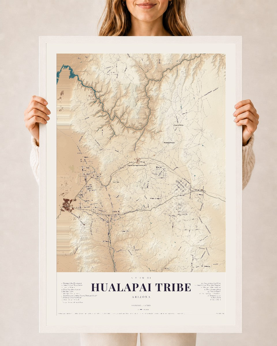 Hualapai Tribe, Arizona map print, 24" x 36", W/ White Ayous Wood Frame