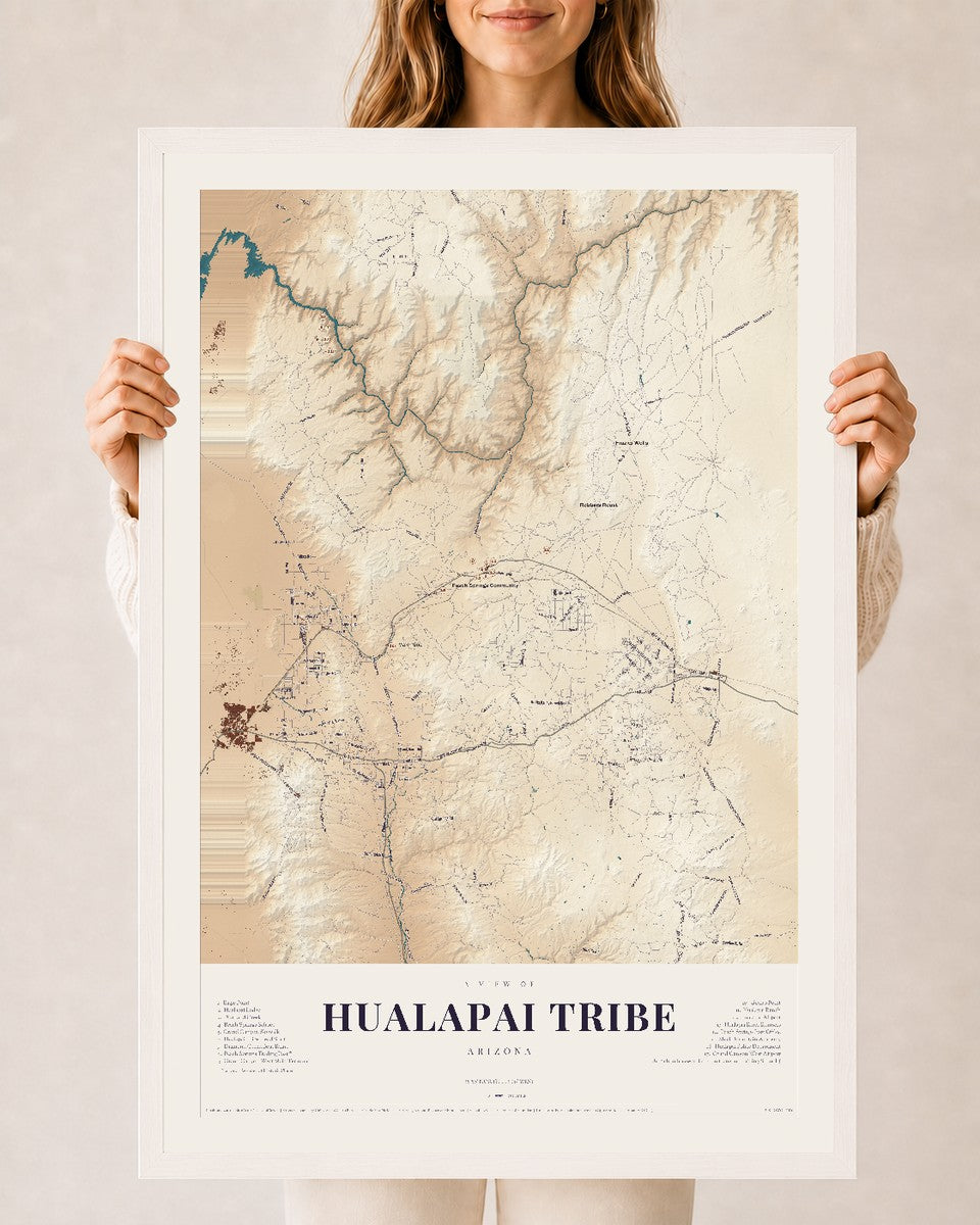 Map of Hualapai Tribe, Arizona, 24 x 36 inch print in a white wood frame
