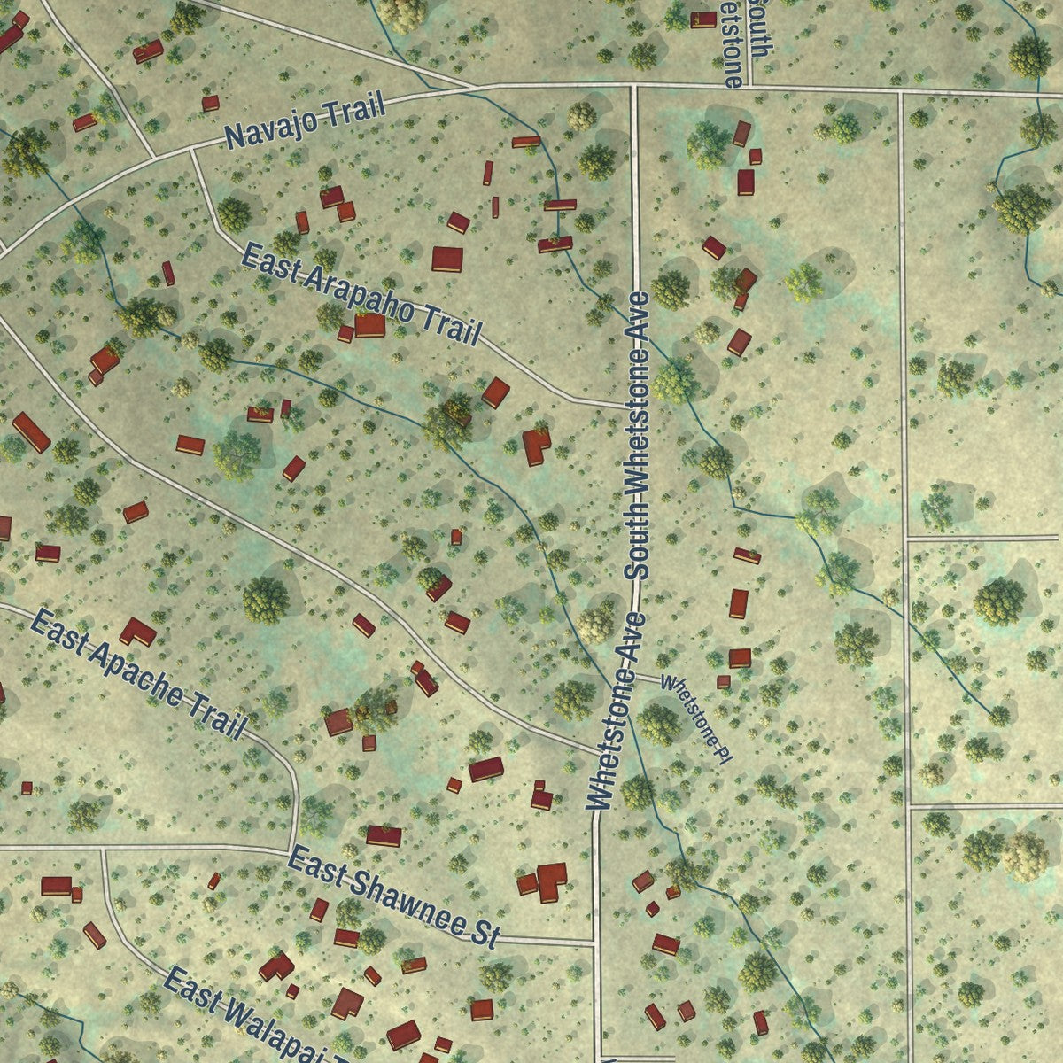 Close-up of the map of J-Six Ranchettes, Arizona print showing street and building detail