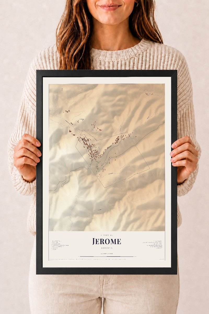 Jerome, Arizona map print, 12" x 18", W/ Black Ayous Wood Frame