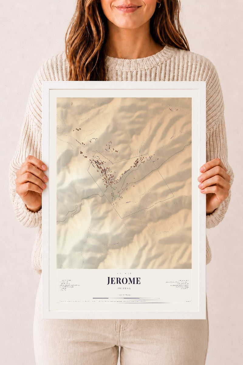 Jerome, Arizona map print, 12" x 18", W/ White Ayous Wood Frame
