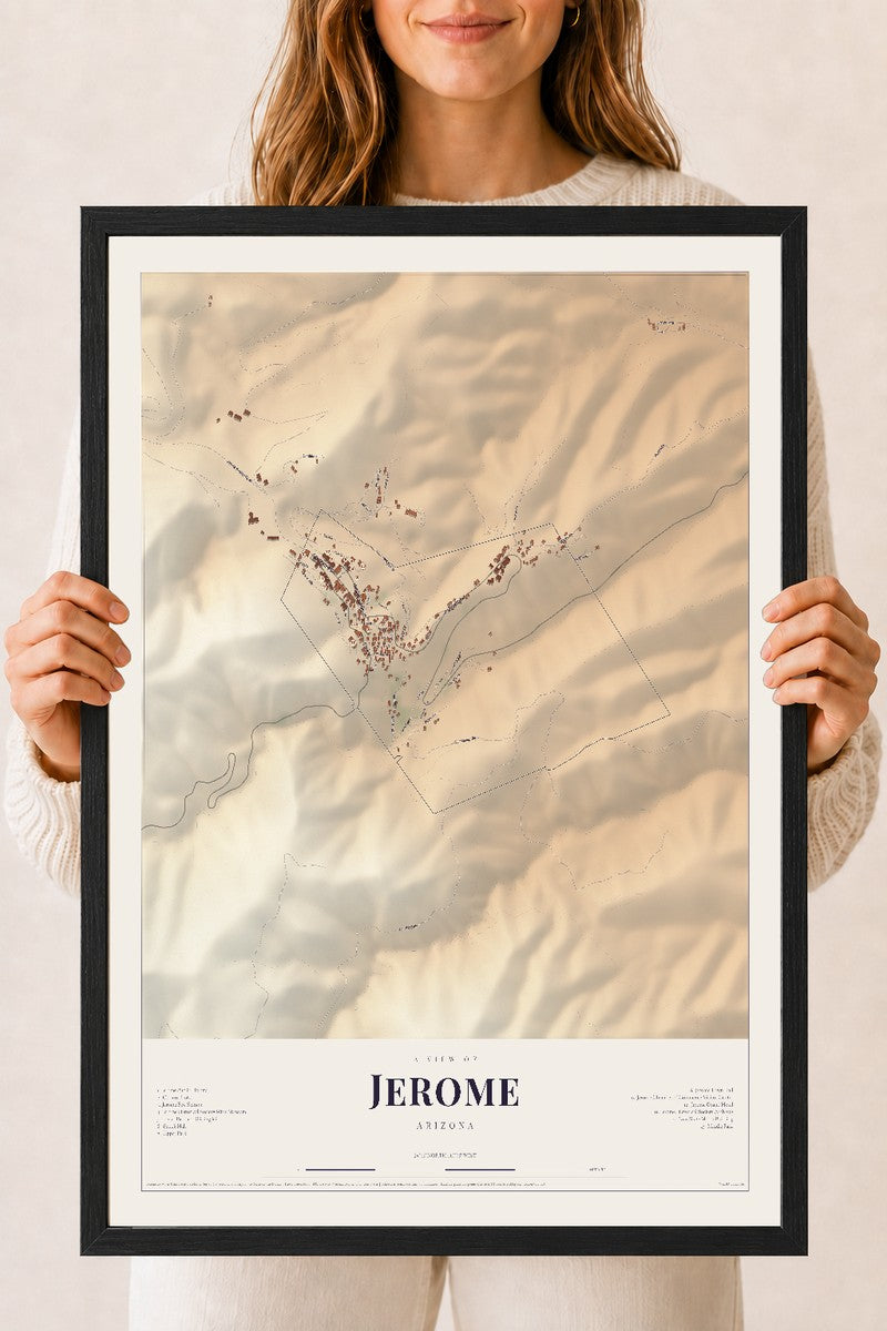 Jerome, Arizona map print, 18" x 24", W/ Black Ayous Wood Frame