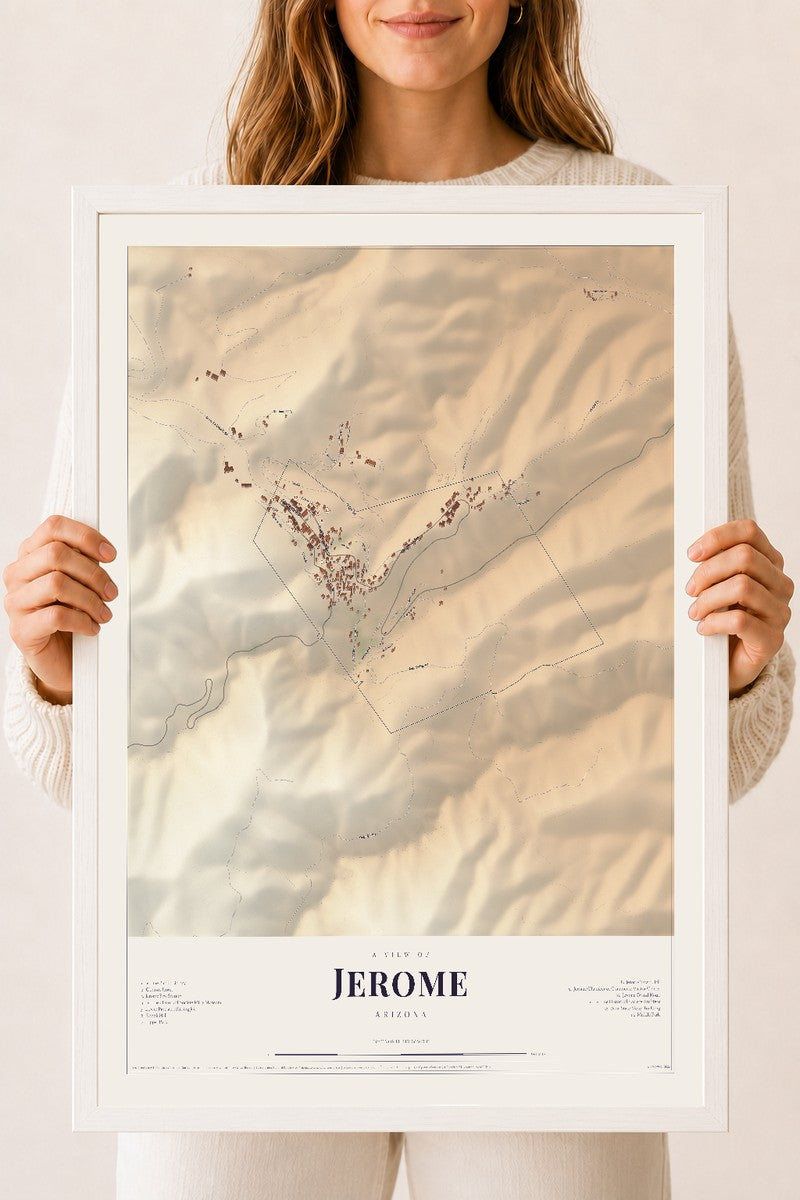 Jerome, Arizona map print, 18" x 24", W/ White Ayous Wood Frame