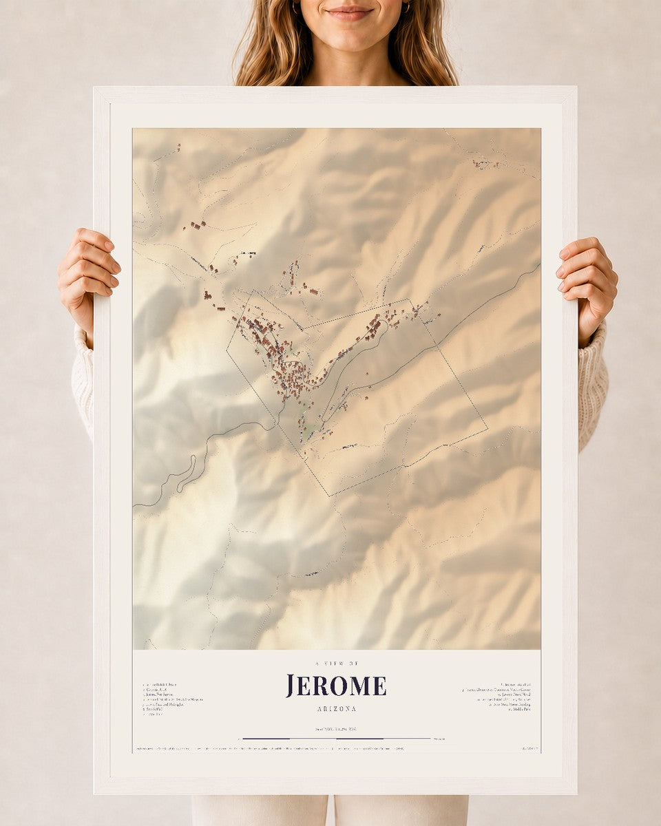 Jerome, Arizona map print, 24" x 36", W/ White Ayous Wood Frame