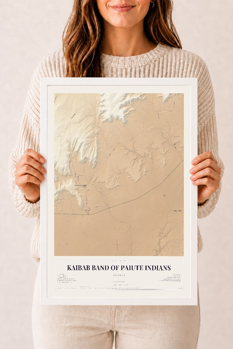 Map of Kaibab Band of Paiute Indians, Arizona, 12 x 18 inch print in a white wood frame