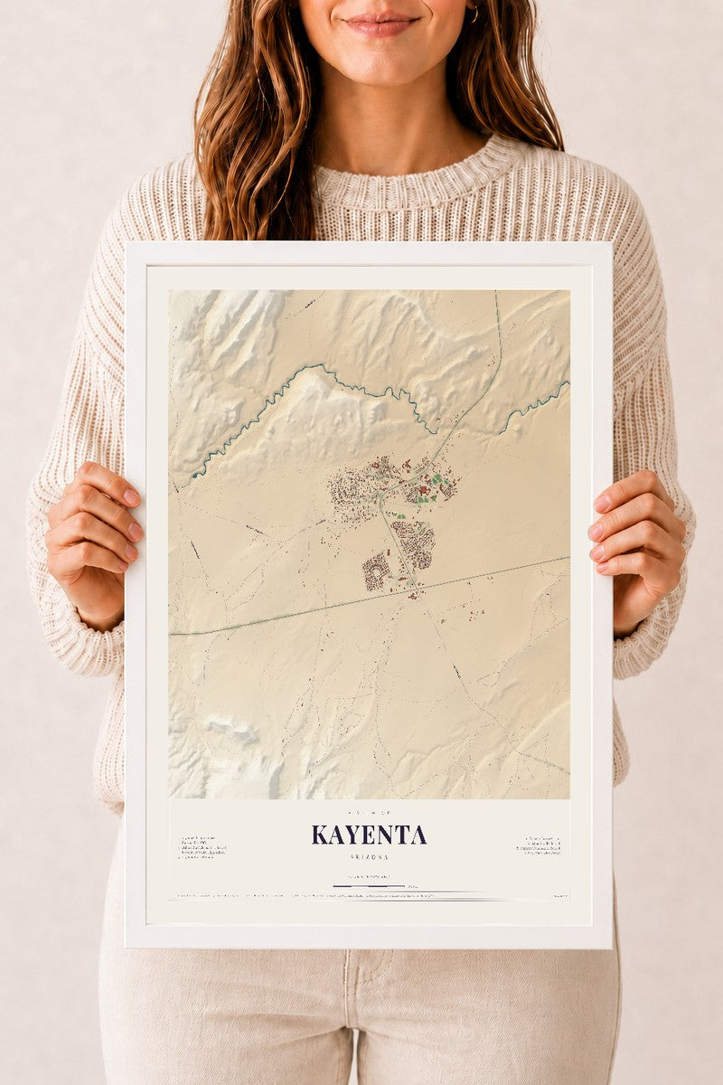 Kayenta, Arizona map print, 12" x 18", W/ White Ayous Wood Frame