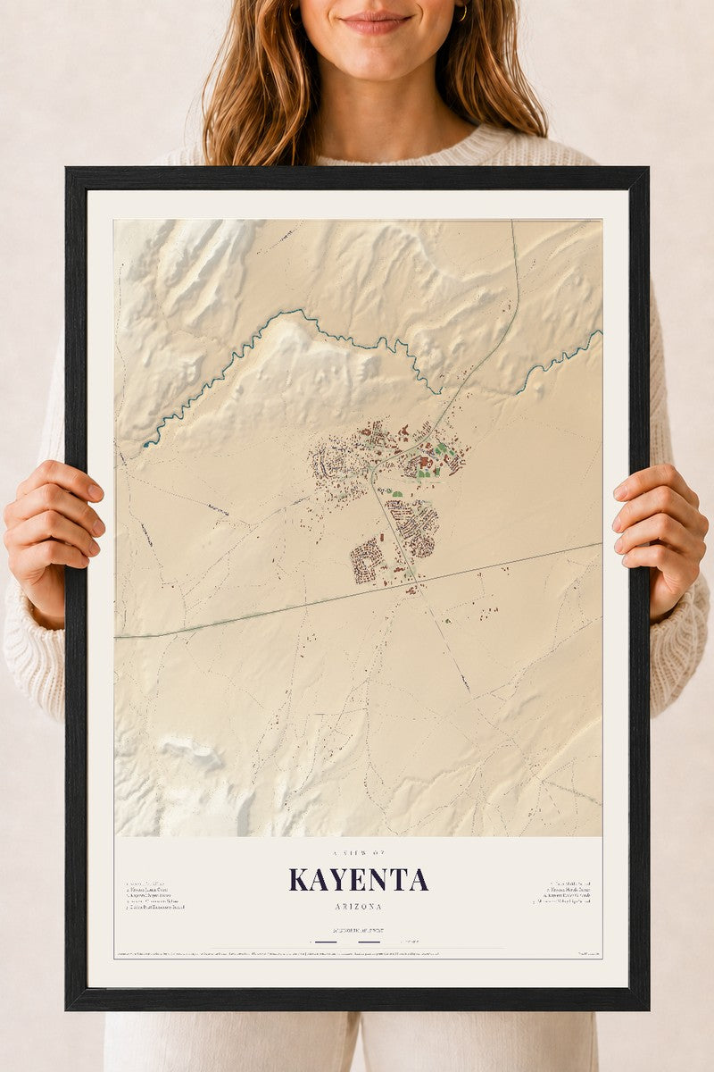 Map of Kayenta, Arizona, 18 x 24 inch print in a black wood frame