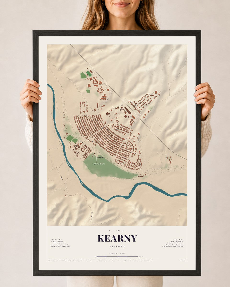 Map of Kearny, Arizona, 24 x 36 inch print in a black wood frame