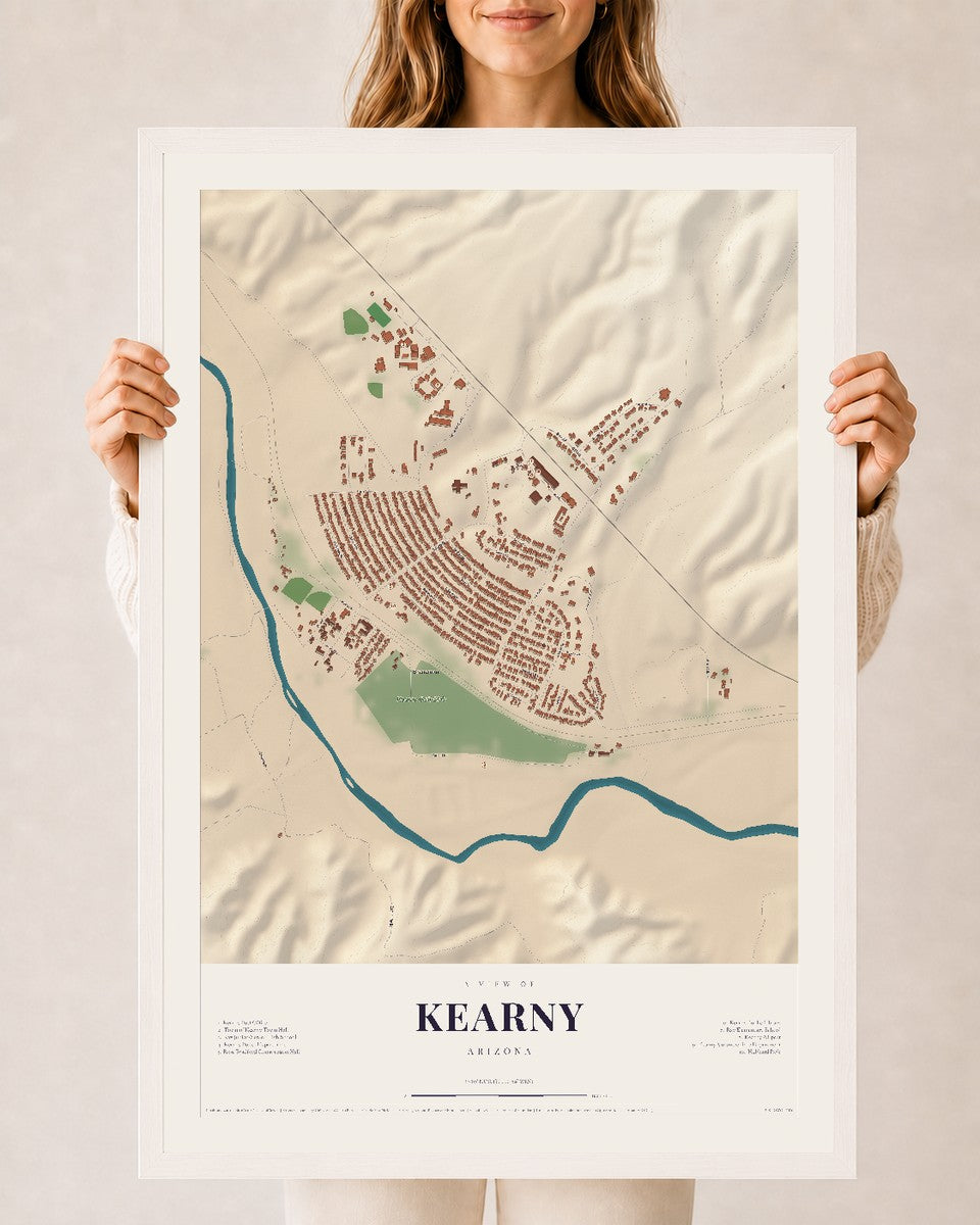 Kearny, Arizona map print, 24" x 36", W/ White Ayous Wood Frame