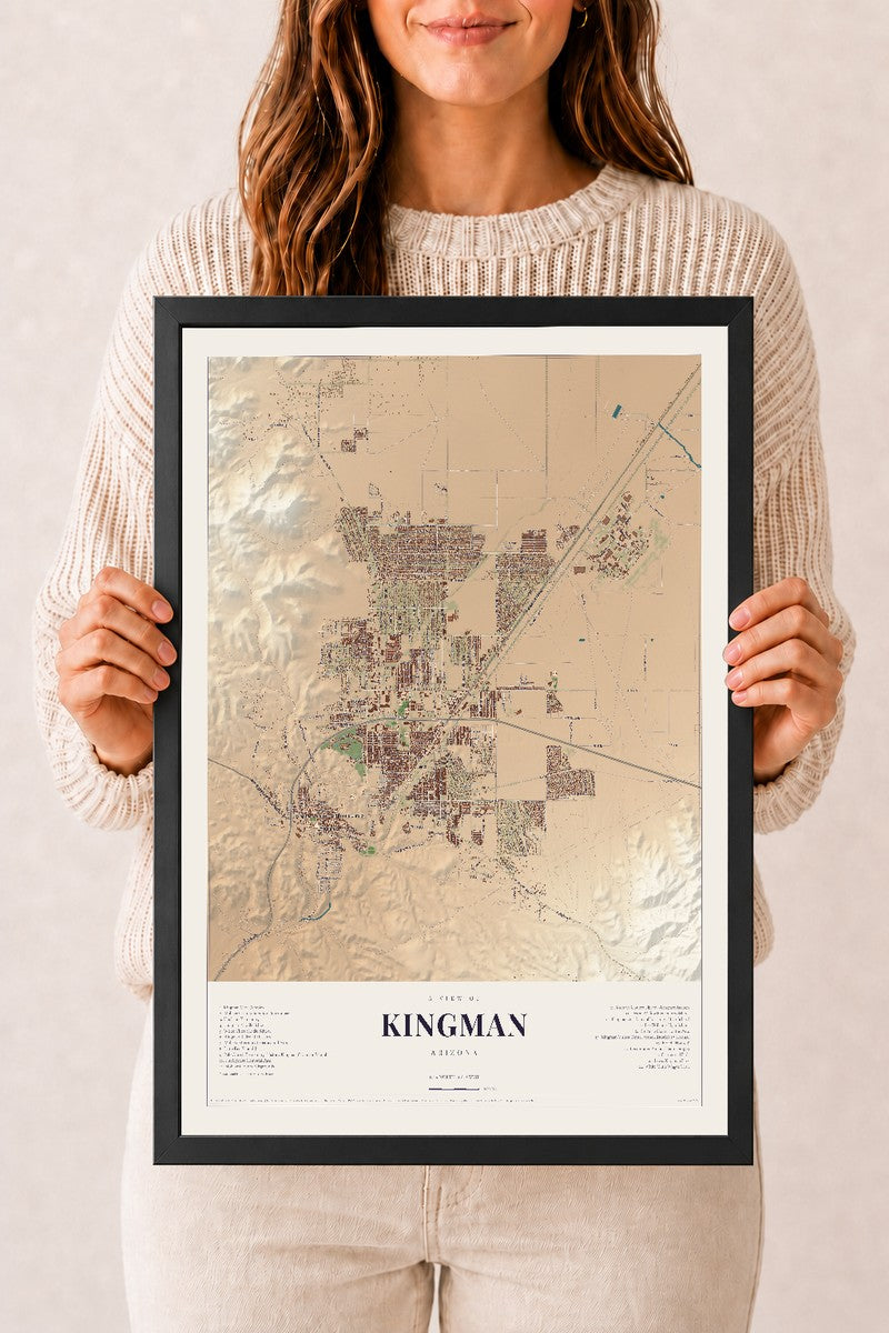 Kingman, Arizona map print, 12" x 18", W/ Black Ayous Wood Frame
