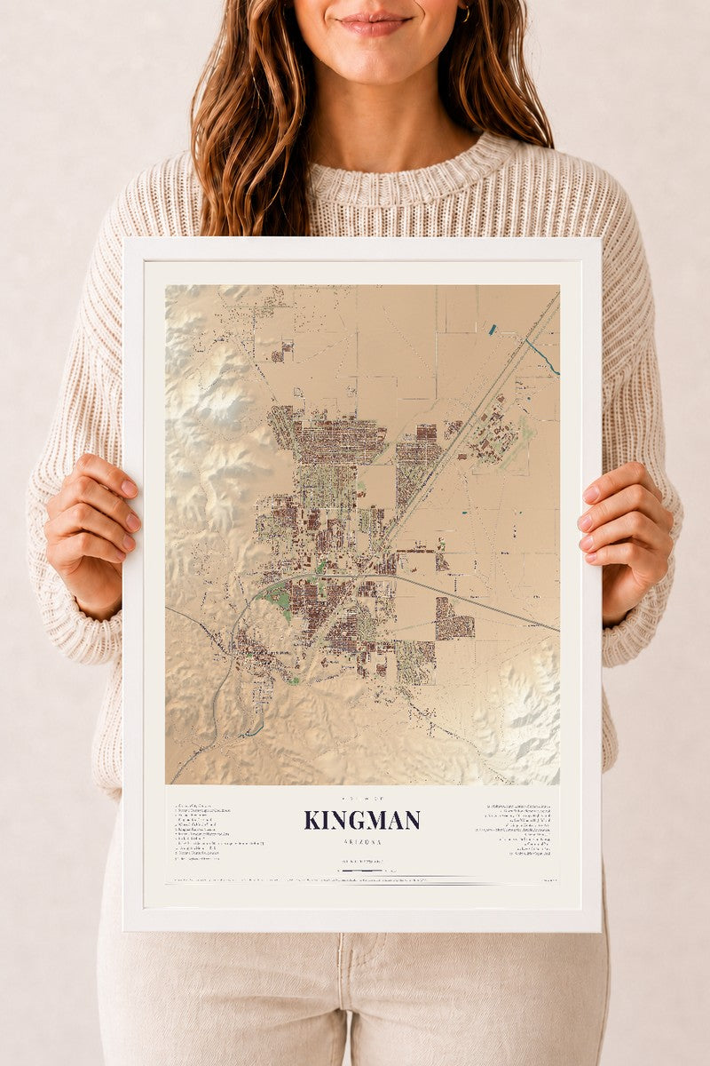 Kingman, Arizona map print, 12" x 18", W/ White Ayous Wood Frame