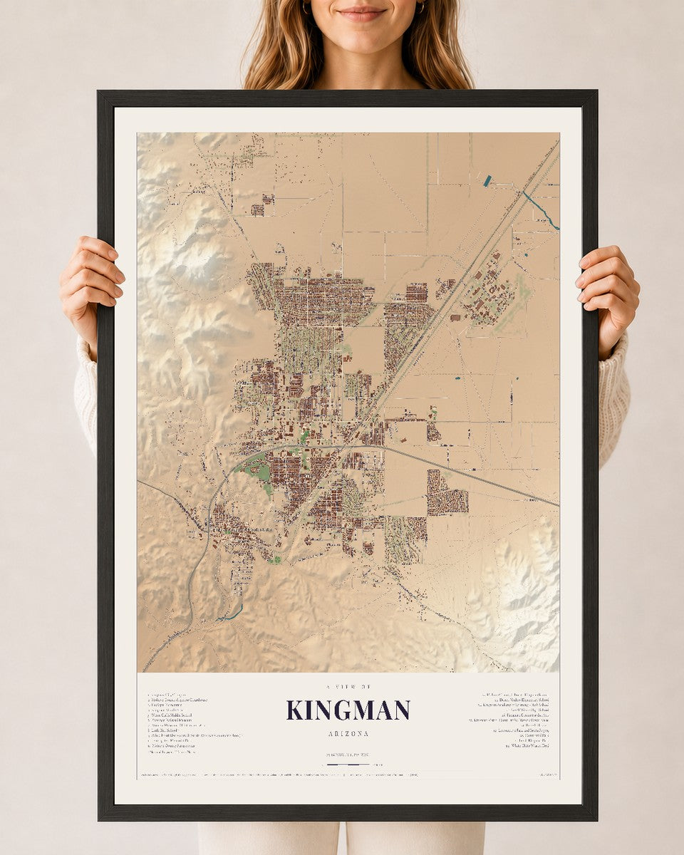 Kingman, Arizona map print, 24" x 36", W/ Black Ayous Wood Frame