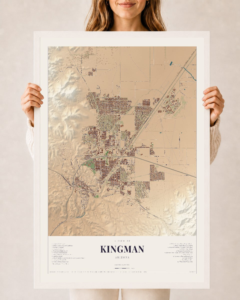 Kingman, Arizona map print, 24" x 36", W/ White Ayous Wood Frame