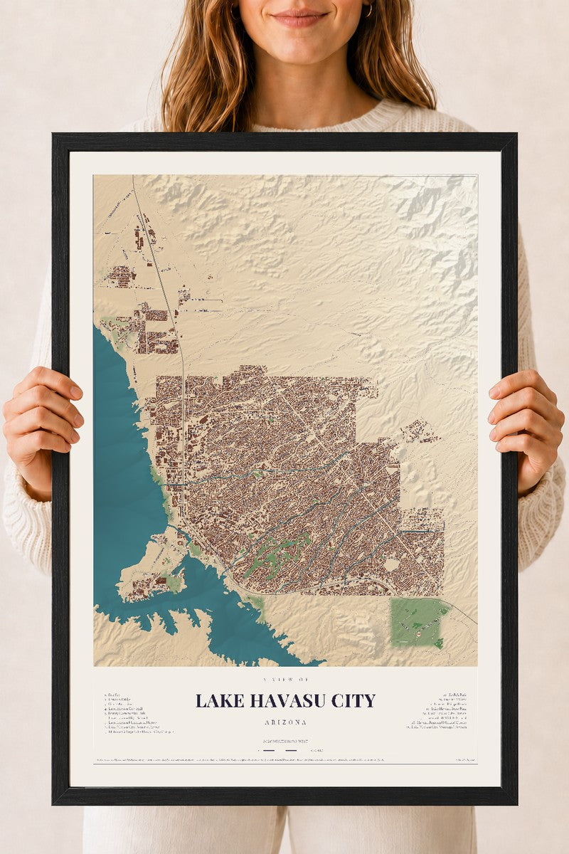 Map of Lake Havasu City, Arizona, 18 x 24 inch print in a black wood frame