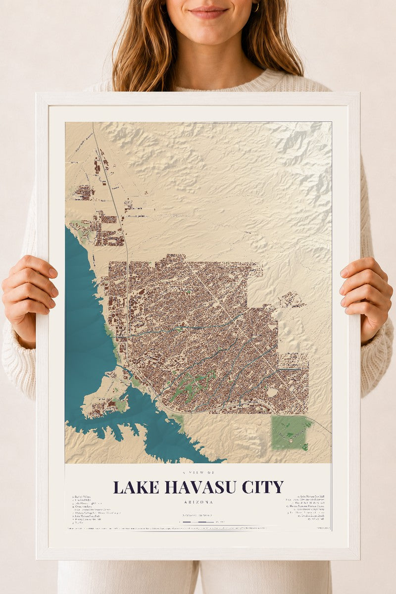 Lake Havasu City, Arizona map print, 18" x 24", W/ White Ayous Wood Frame