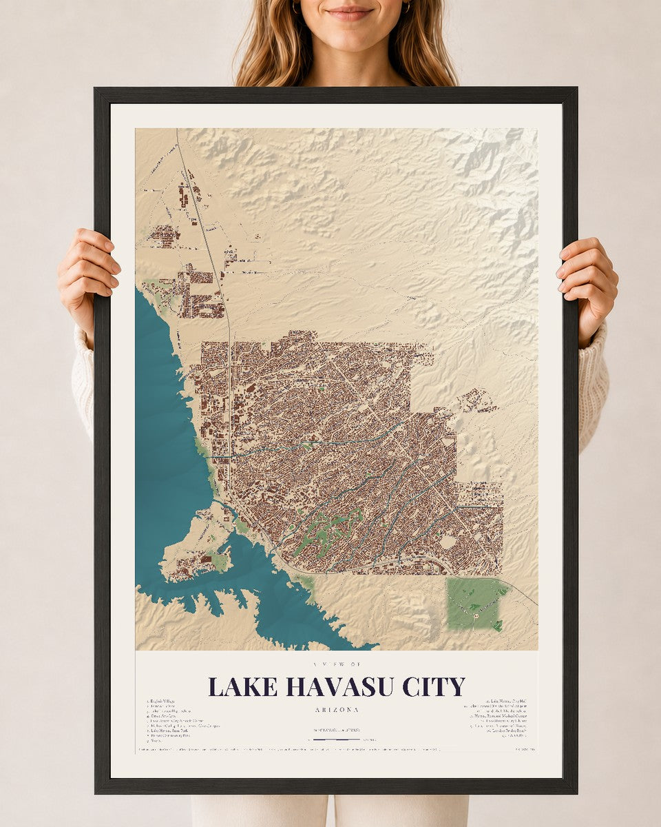 Lake Havasu City, Arizona map print, 24" x 36", W/ Black Ayous Wood Frame