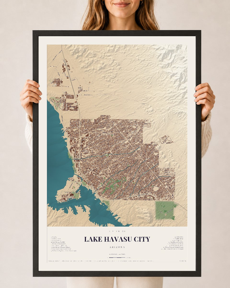 Map of Lake Havasu City, Arizona, 24 x 36 inch print in a black wood frame