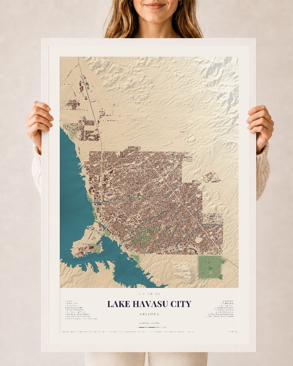 Map of Lake Havasu City, Arizona, 24 x 36 inch print in a white wood frame