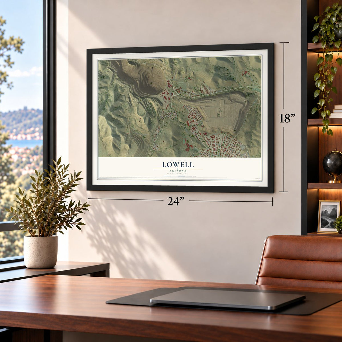 Lowell, Arizona map, 18 x 24 inch print in a black frame in a home office