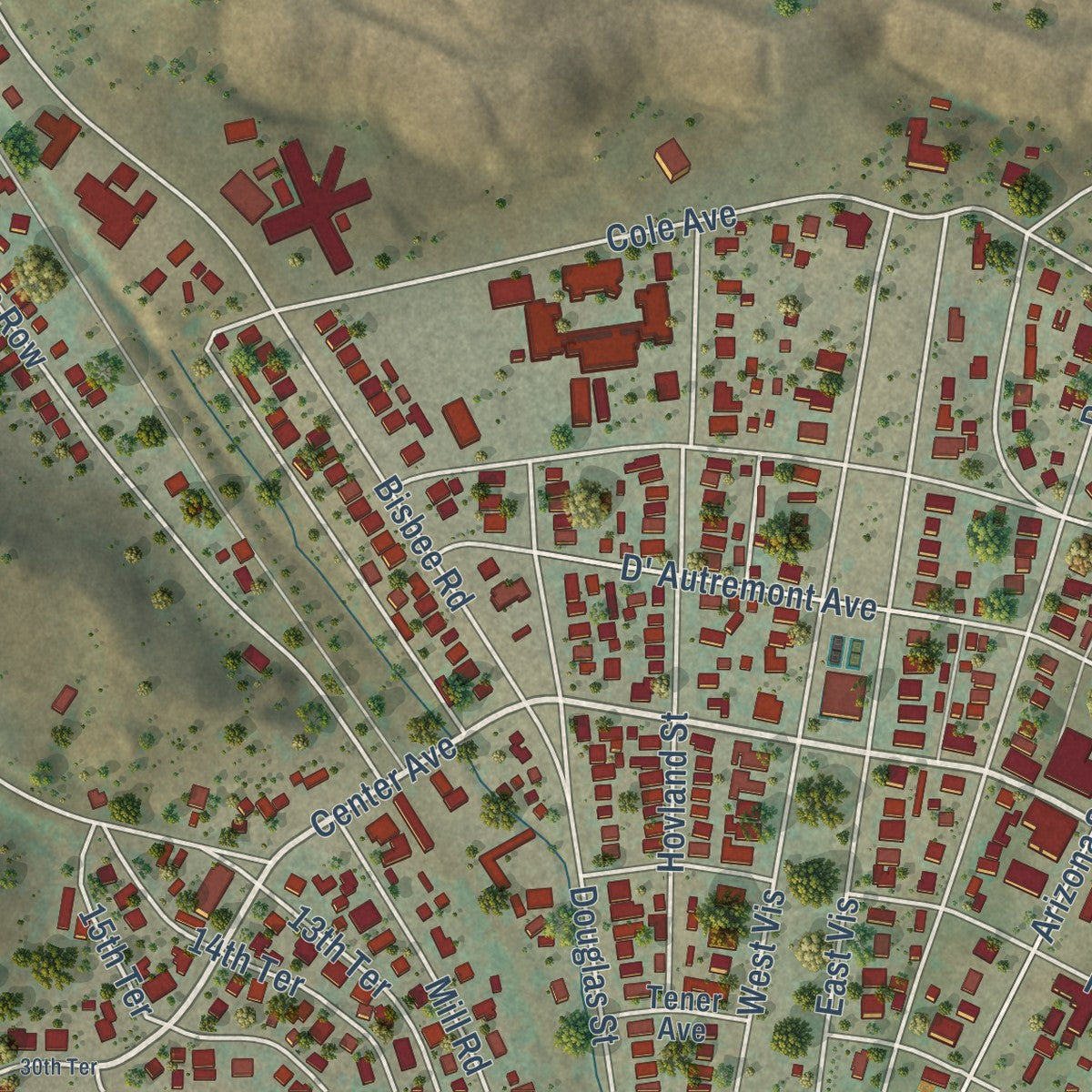Close-up of the map of Lowell, Arizona print showing street and building detail