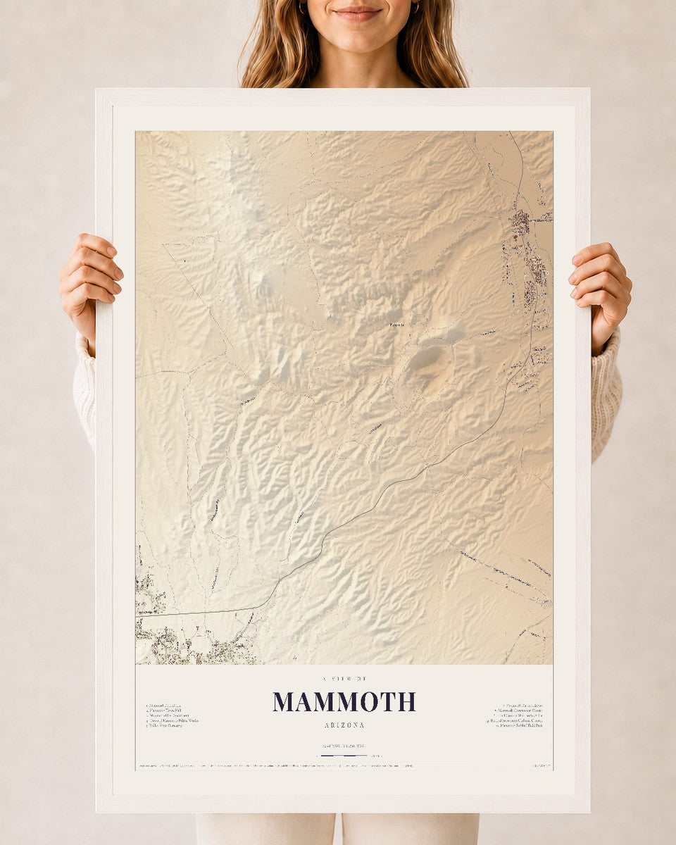 Mammoth, Arizona map print, 24" x 36", W/ White Ayous Wood Frame
