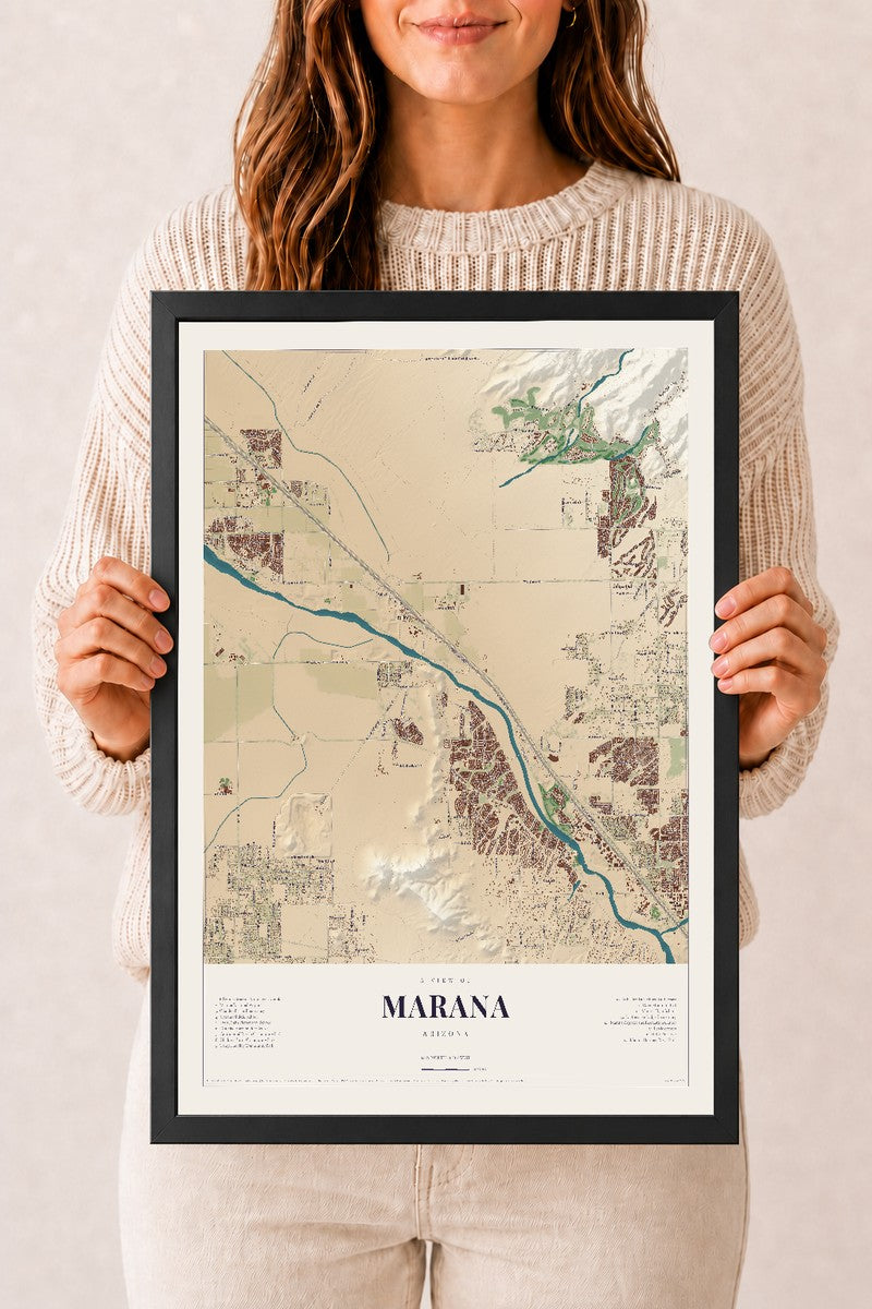 Marana, Arizona map print, 12" x 18", W/ Black Ayous Wood Frame