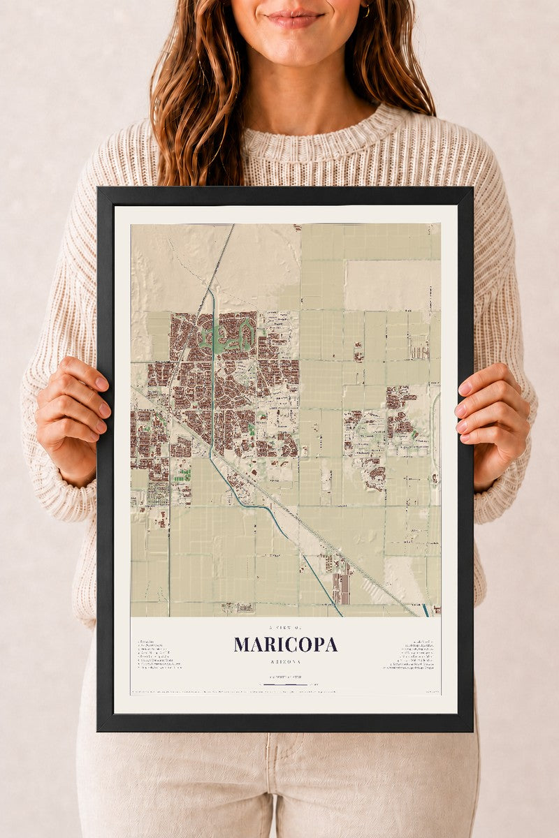 Map of Maricopa, Arizona, 12 x 18 inch print in a black wood frame