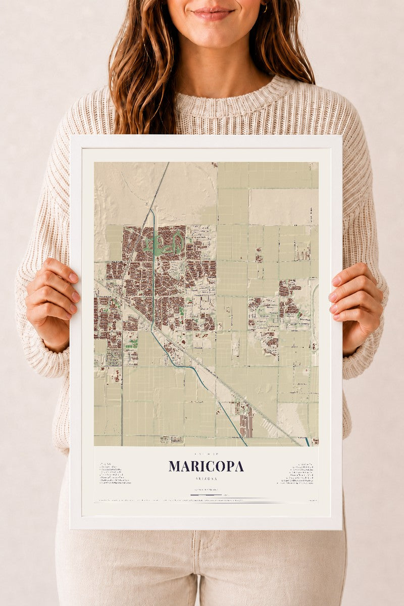 Map of Maricopa, Arizona, 12 x 18 inch print in a white wood frame