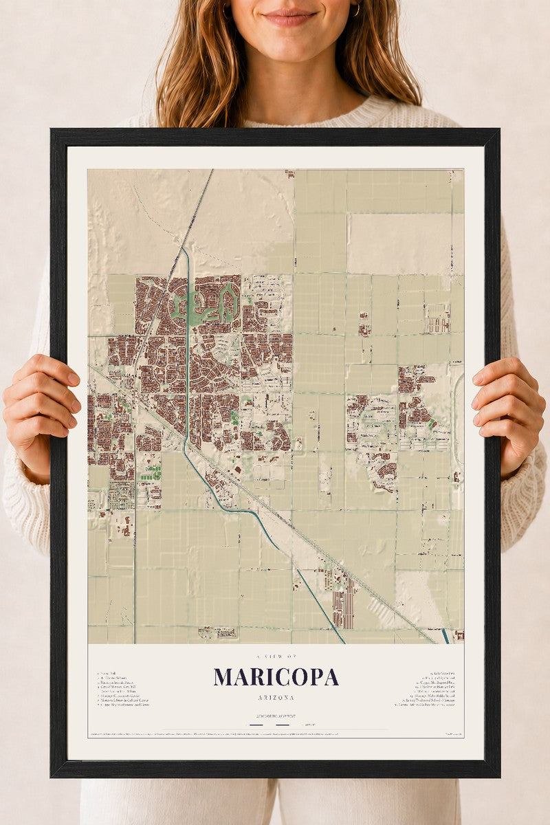 Map of Maricopa, Arizona, 18 x 24 inch print in a black wood frame