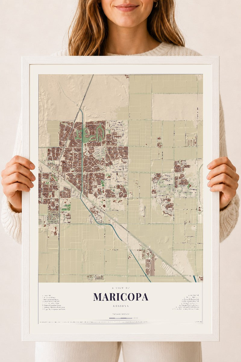 Map of Maricopa, Arizona, 18 x 24 inch print in a white wood frame