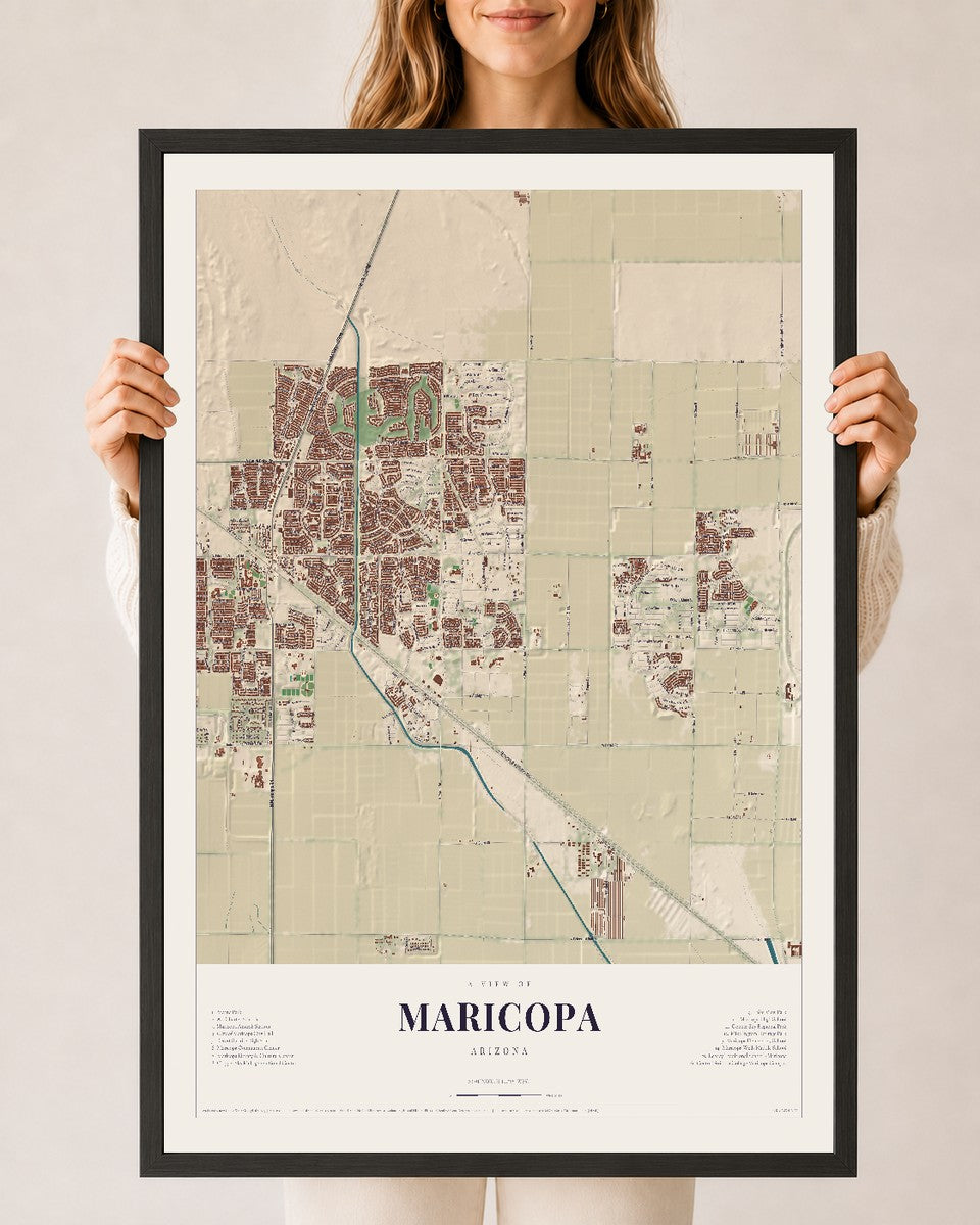 Map of Maricopa, Arizona, 24 x 36 inch print in a black wood frame