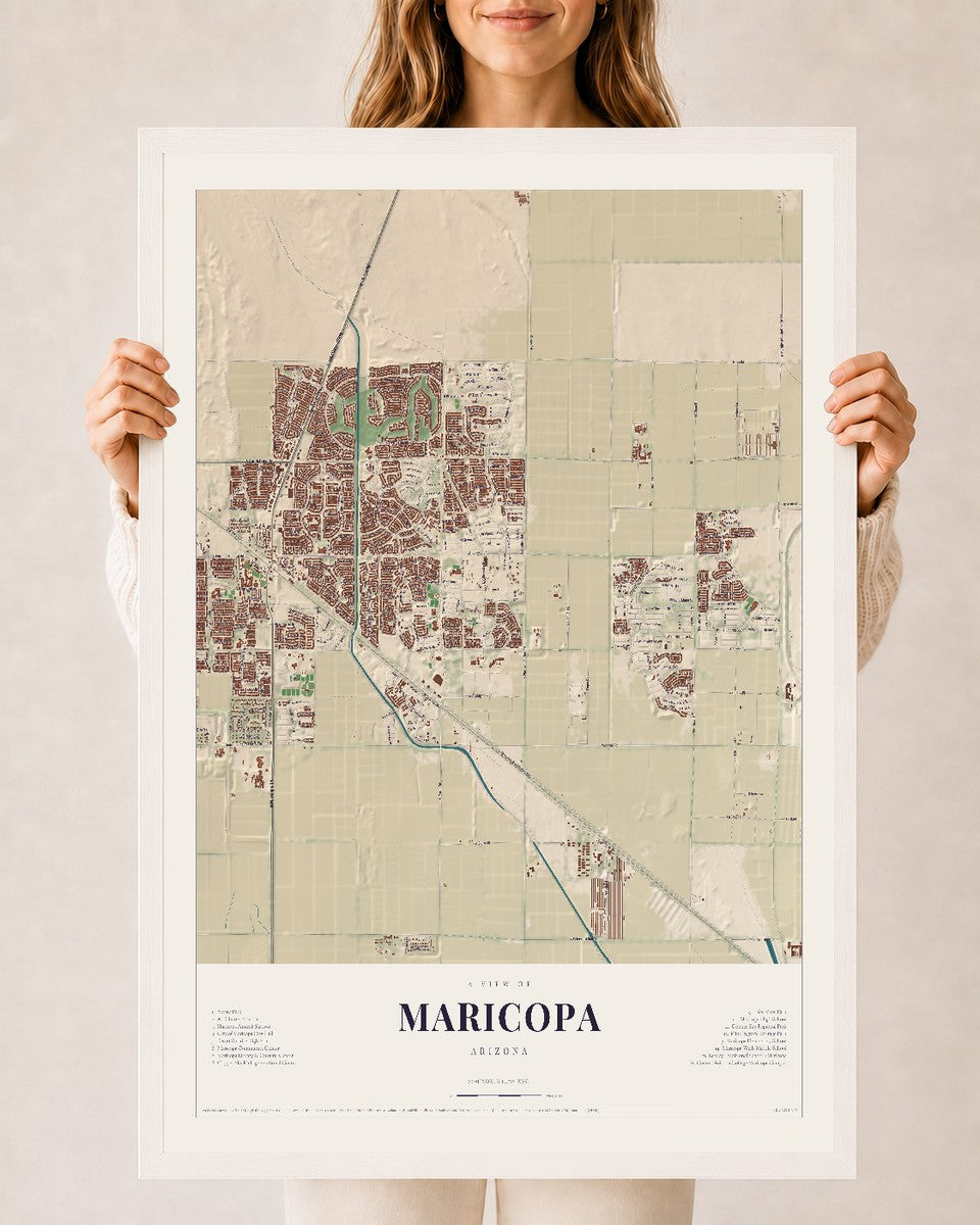 Map of Maricopa, Arizona, 24 x 36 inch print in a white wood frame