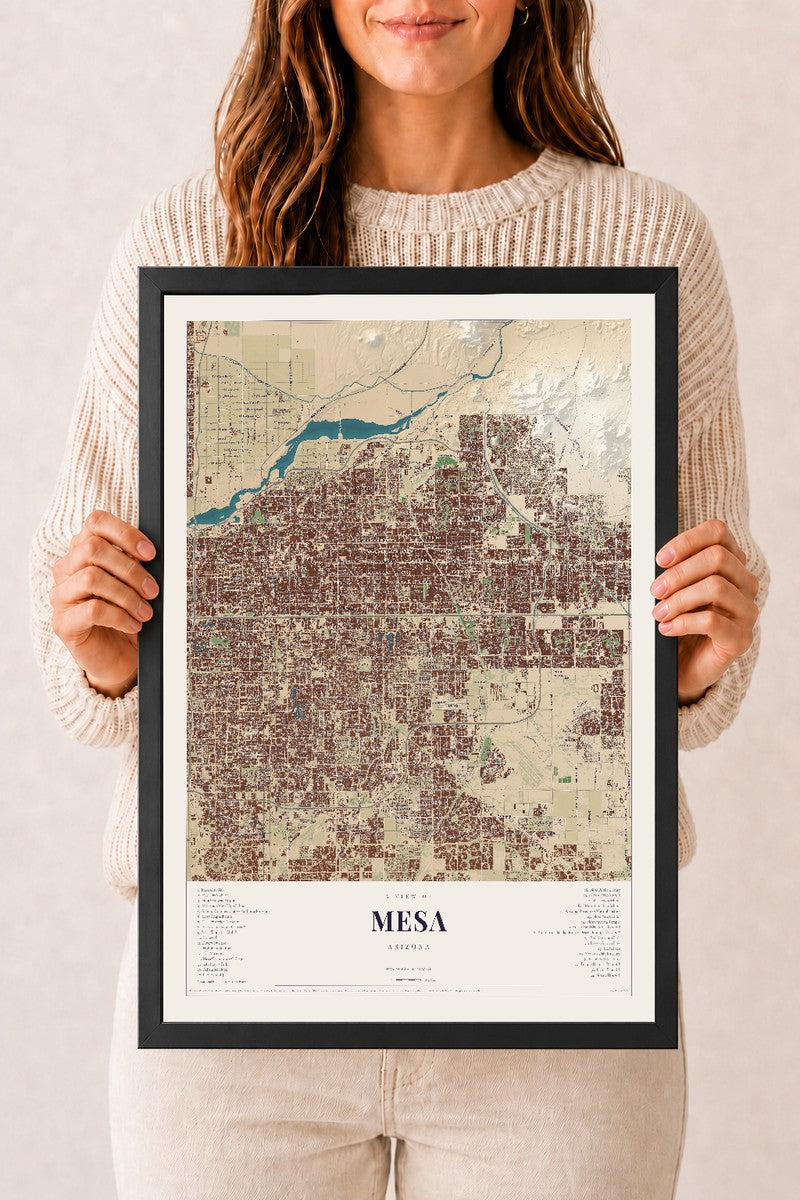 Mesa, Arizona map print, 12" x 18", W/ Black Ayous Wood Frame