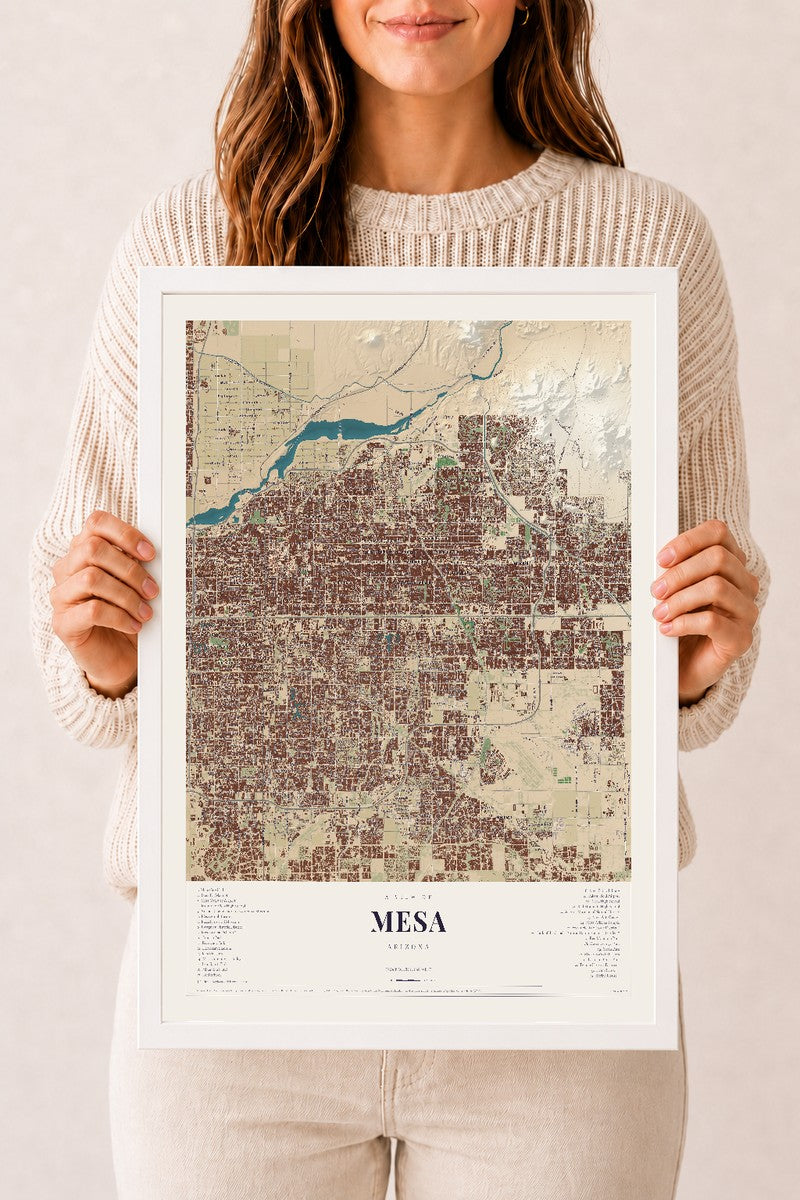 Mesa, Arizona map print, 12" x 18", W/ White Ayous Wood Frame