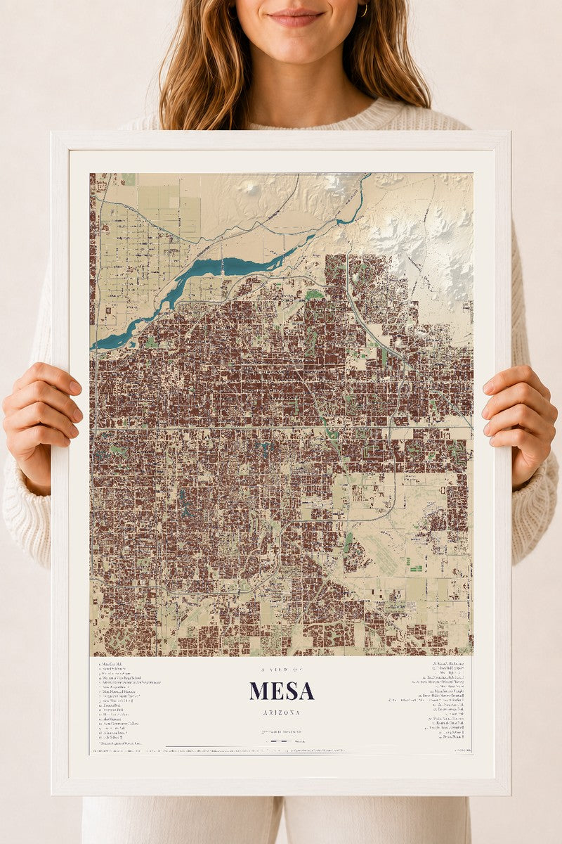Mesa, Arizona map print, 18" x 24", W/ White Ayous Wood Frame