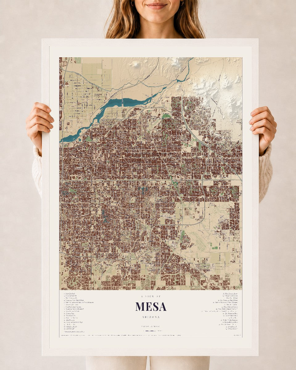 Mesa, Arizona map print, 24" x 36", W/ White Ayous Wood Frame