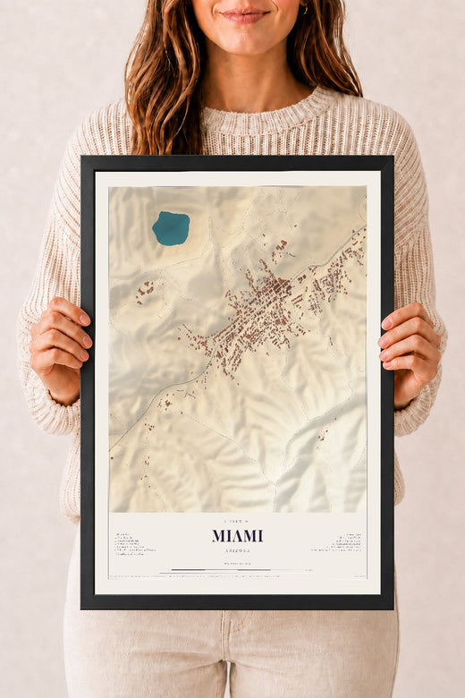 Map of Miami, Arizona, 12 x 18 inch print in a black wood frame