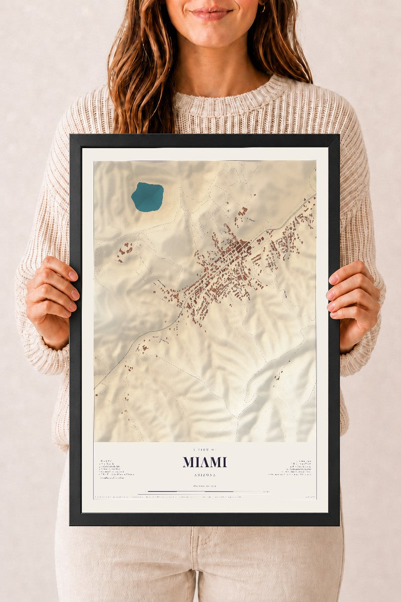 Map of Miami, Arizona, 12 x 18 inch print in a black wood frame