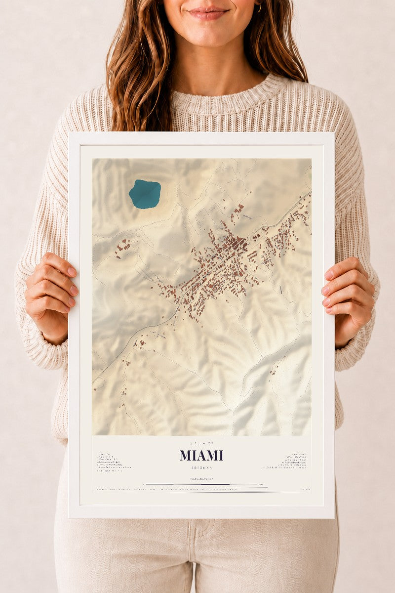 Map of Miami, Arizona, 12 x 18 inch print in a white wood frame